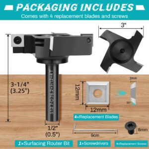 Chaoos CNC Spoilboard Surfacing Router Bit, 1/2" Shank 3" Cutting Diameter 4 Wing, Slab Flattening Router Bit Planing Bit Wood Planer Bit Woodworking Tools, 4 Additional Carbide Inserts