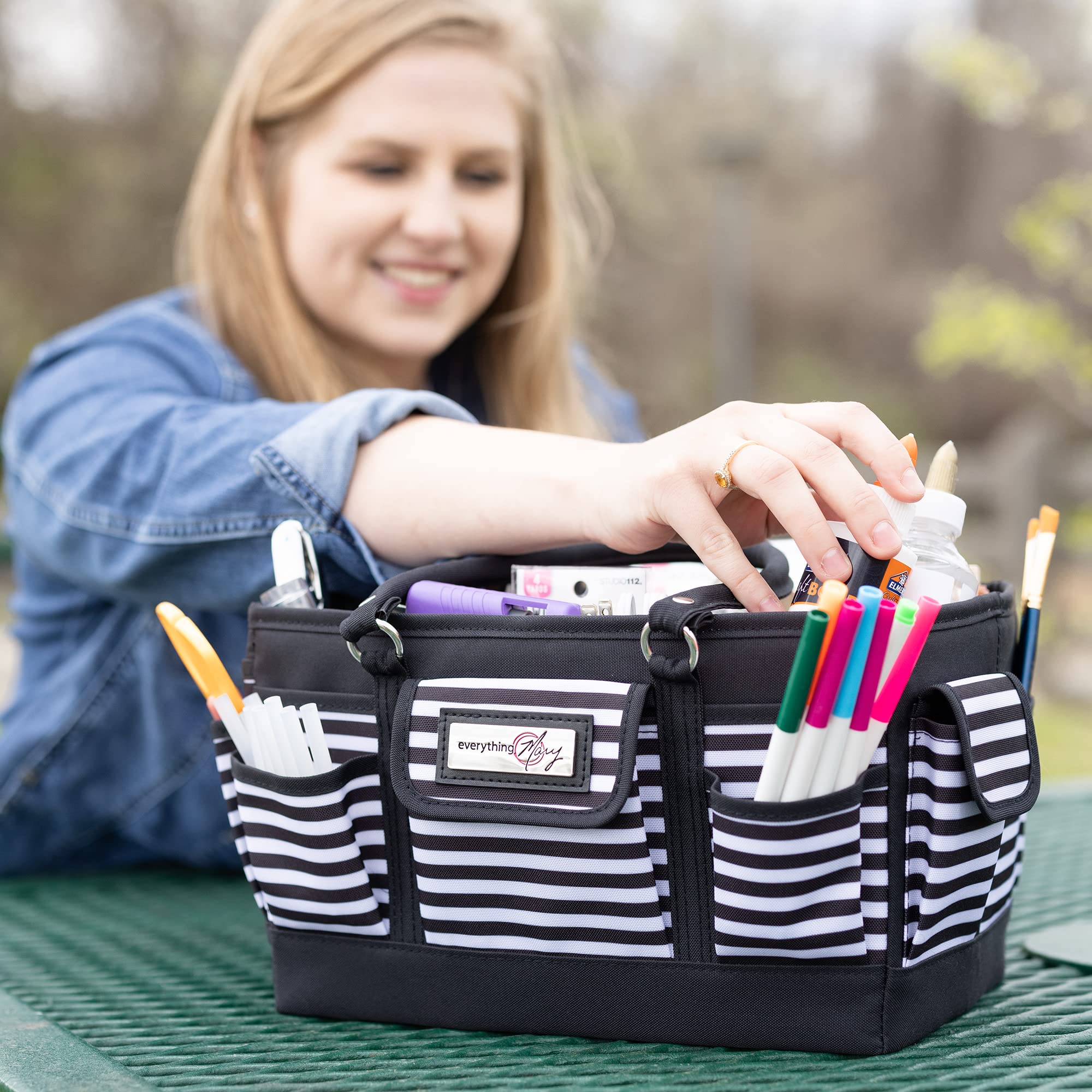 Everything Mary Deluxe Store and Tote, Black & White Stripe - Caddy for Art, Craft, Sewing & Scrapbooking Supplies - Craft Organizers and Storage with Many Compartments