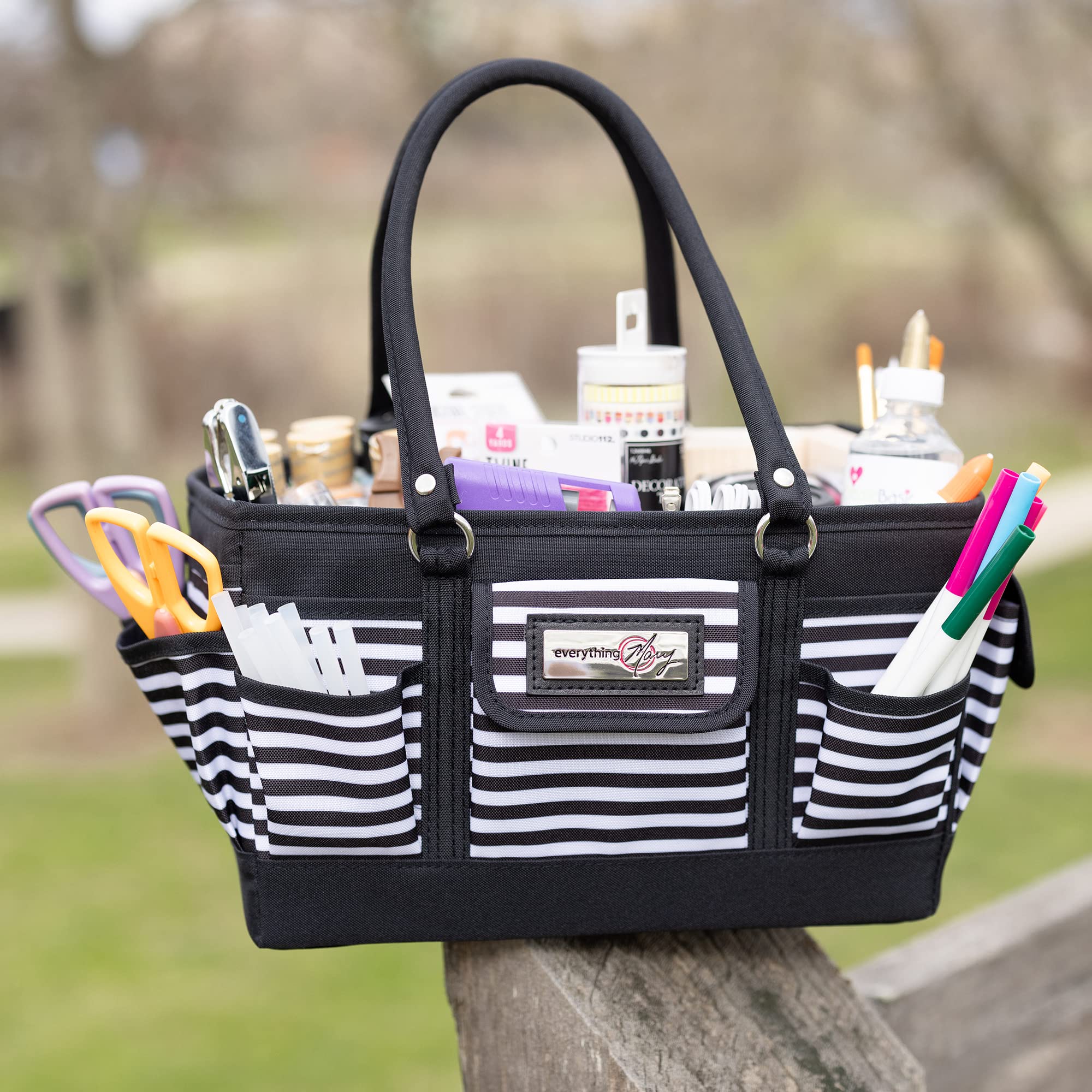 Everything Mary Deluxe Store and Tote, Black & White Stripe - Caddy for Art, Craft, Sewing & Scrapbooking Supplies - Craft Organizers and Storage with Many Compartments