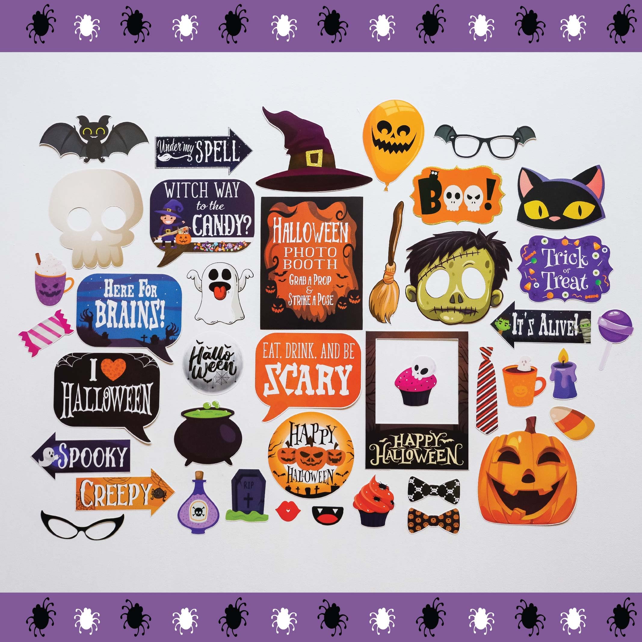 Halloween Photo Booth Props - 41-pc Photobooth Kit with 8 x 10-Inch Sign, 60 Adhesive Pads, and 45 Sticks - Halloween Photo Props - Halloween Selfie Props - Halloween Photo Booth Decorations