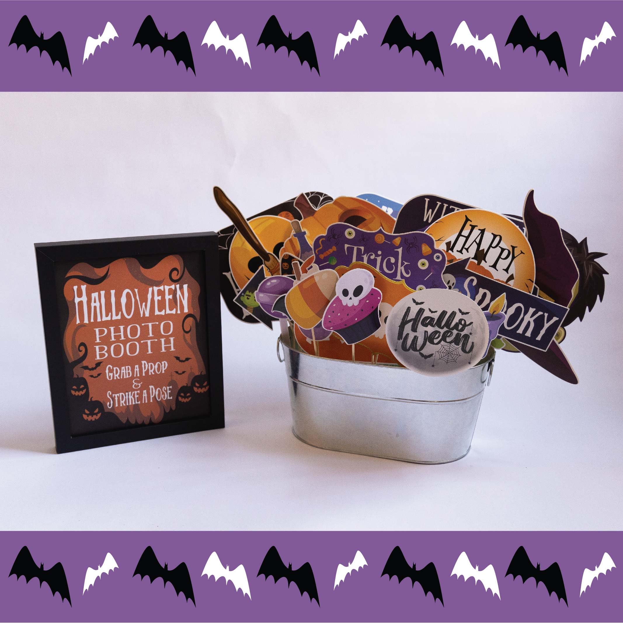 Halloween Photo Booth Props - 41-pc Photobooth Kit with 8 x 10-Inch Sign, 60 Adhesive Pads, and 45 Sticks - Halloween Photo Props - Halloween Selfie Props - Halloween Photo Booth Decorations