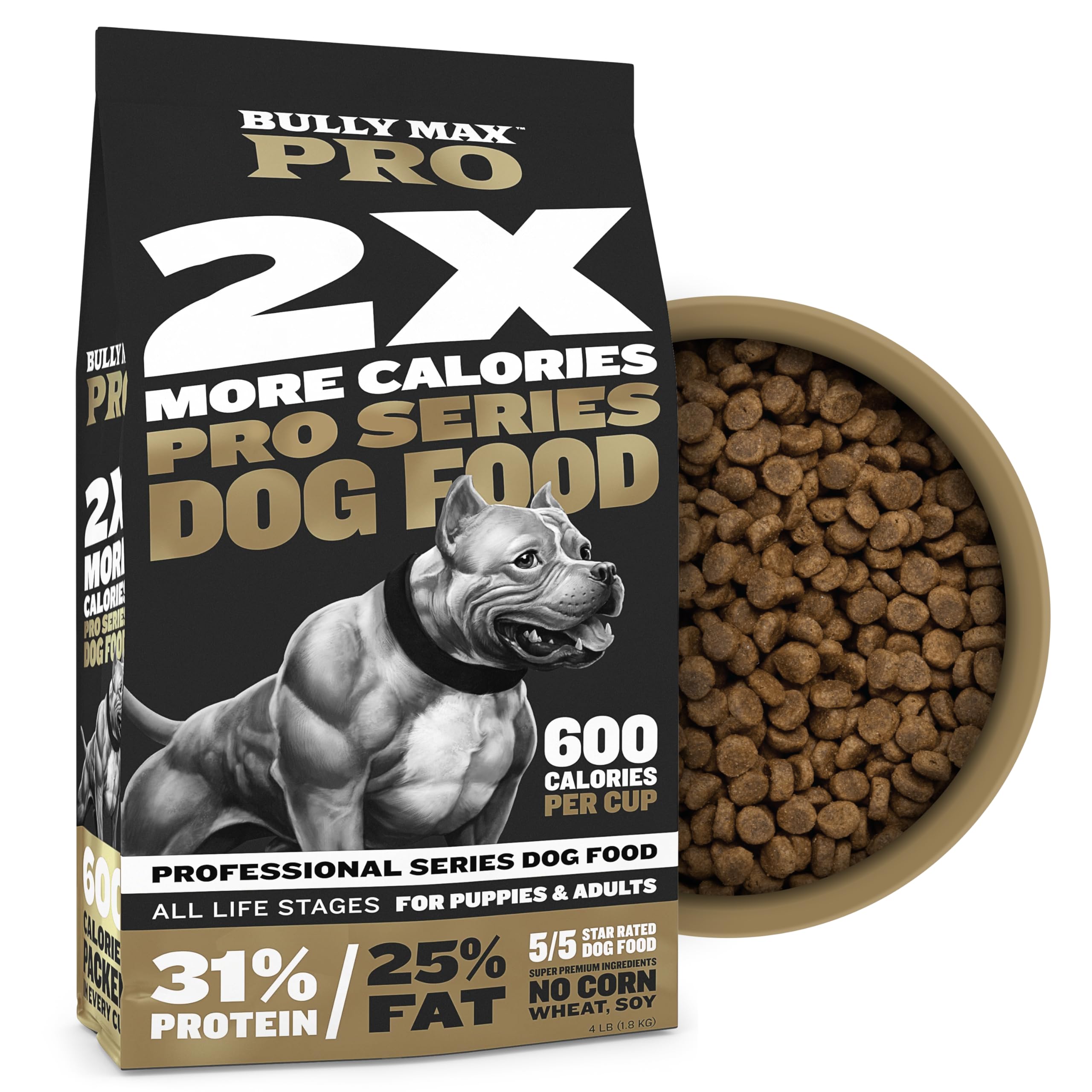 Bully Max Pro 2X High Calorie & High Protein Dry Dog Food for Puppy & Adult Dogs - Healthy Weight Gain & Muscle Building for Small & Large Breeds - Slow-Cooked, 600 Calories/Cup, Chicken Flavor, 4lb.