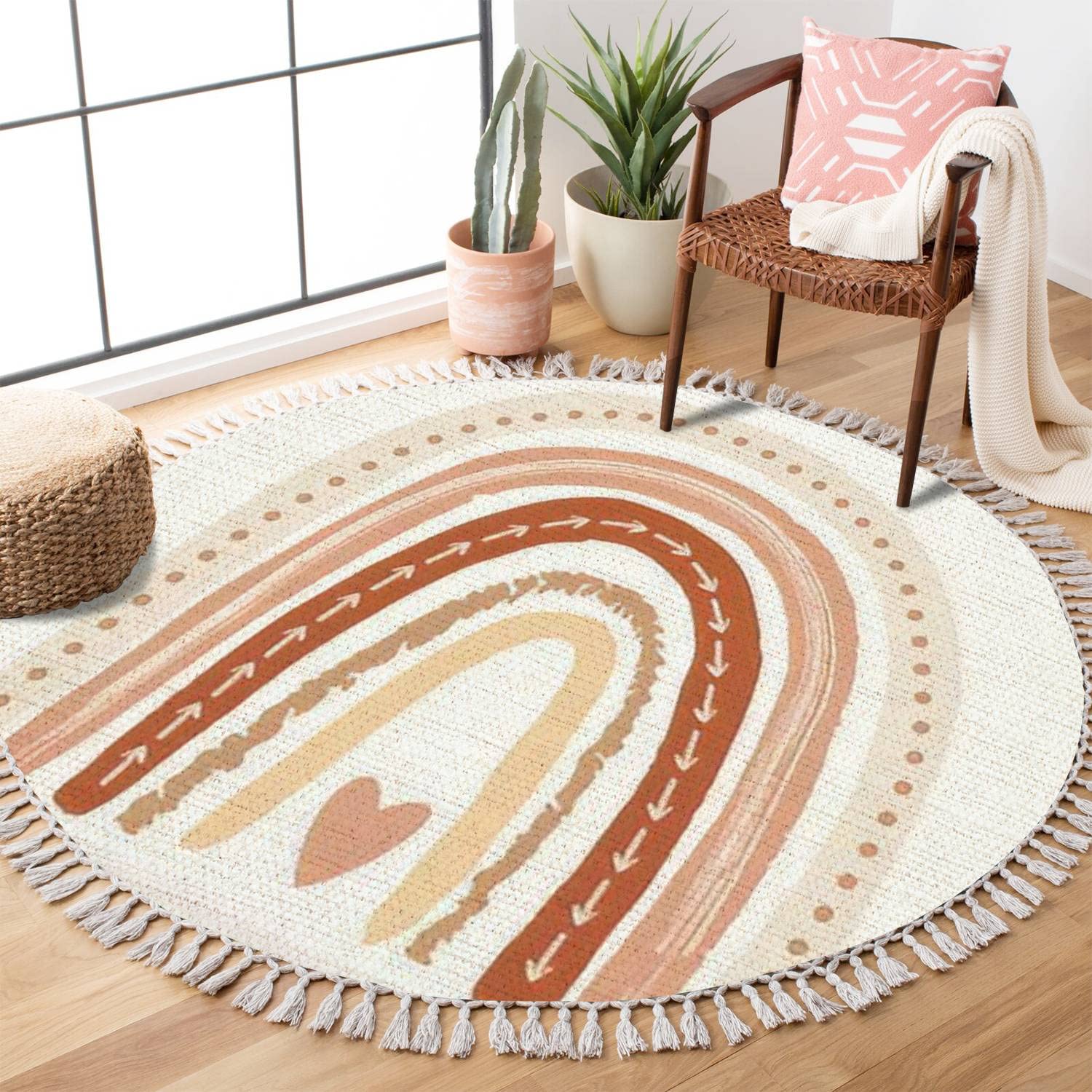 DNEWYNPABV Round Rugs Scandinavian Nursery Print for Playroom with Neutral Boho Area Rug Linen and Cotton Carpet Meditation Rug Washable Hallway Runner Mat Accent Rug for Bedroom Bathroom 4ft