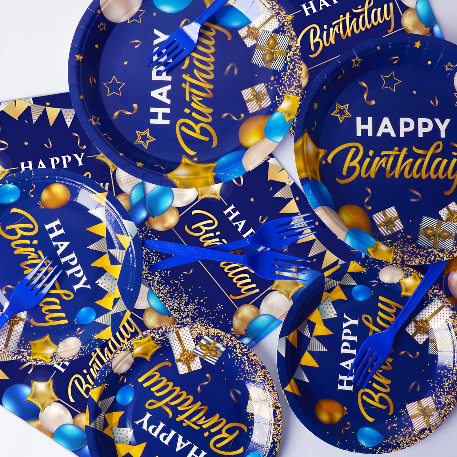 gisgfim 96 Pcs Blue and Gold Birthday Plates and Napkins Party Supplies Navy Blue Party Tableware Set Happy Birthday Decorations Favors for Men Women Birthday Baby Shower for 24 Guests