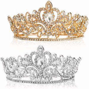 dicunoy 2 pack crowns tiaras for little girls, vintage gold silver crown cake topper, small crystal diamond princess crown, birthday, prom, christmas, halloween costume party, photo shoot