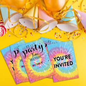 Disfuco Tie Dye Birthday Party Invitations - Tie Dye Party Supplies - Fill in The Blank Birthday Party Invites - 20 Invitation Cards With 20 Envelopes (007A)