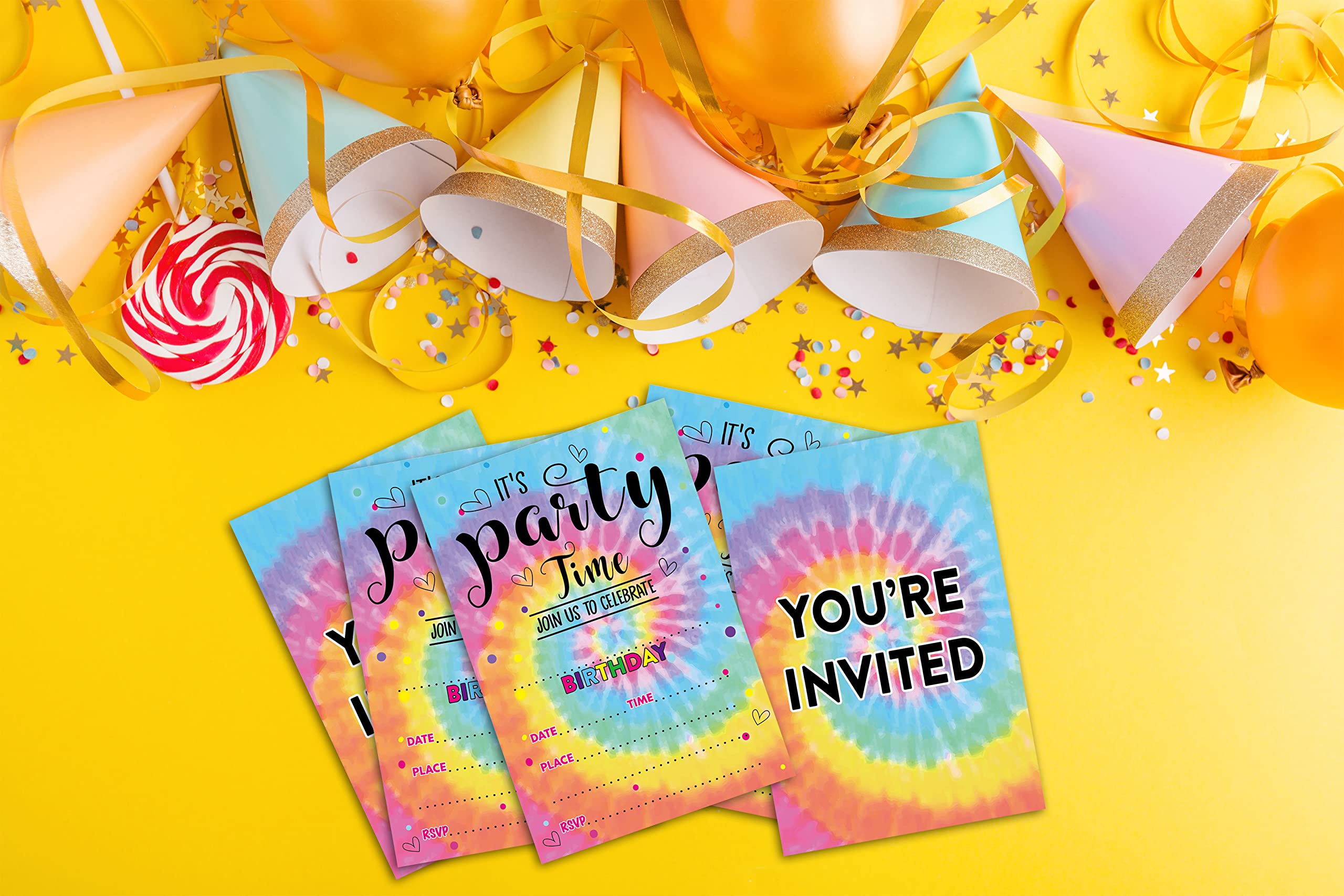 Disfuco Tie Dye Birthday Party Invitations - Tie Dye Party Supplies - Fill in The Blank Birthday Party Invites - 20 Invitation Cards With 20 Envelopes (007A)