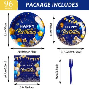 gisgfim 96 Pcs Blue and Gold Birthday Plates and Napkins Party Supplies Navy Blue Party Tableware Set Happy Birthday Decorations Favors for Men Women Birthday Baby Shower for 24 Guests