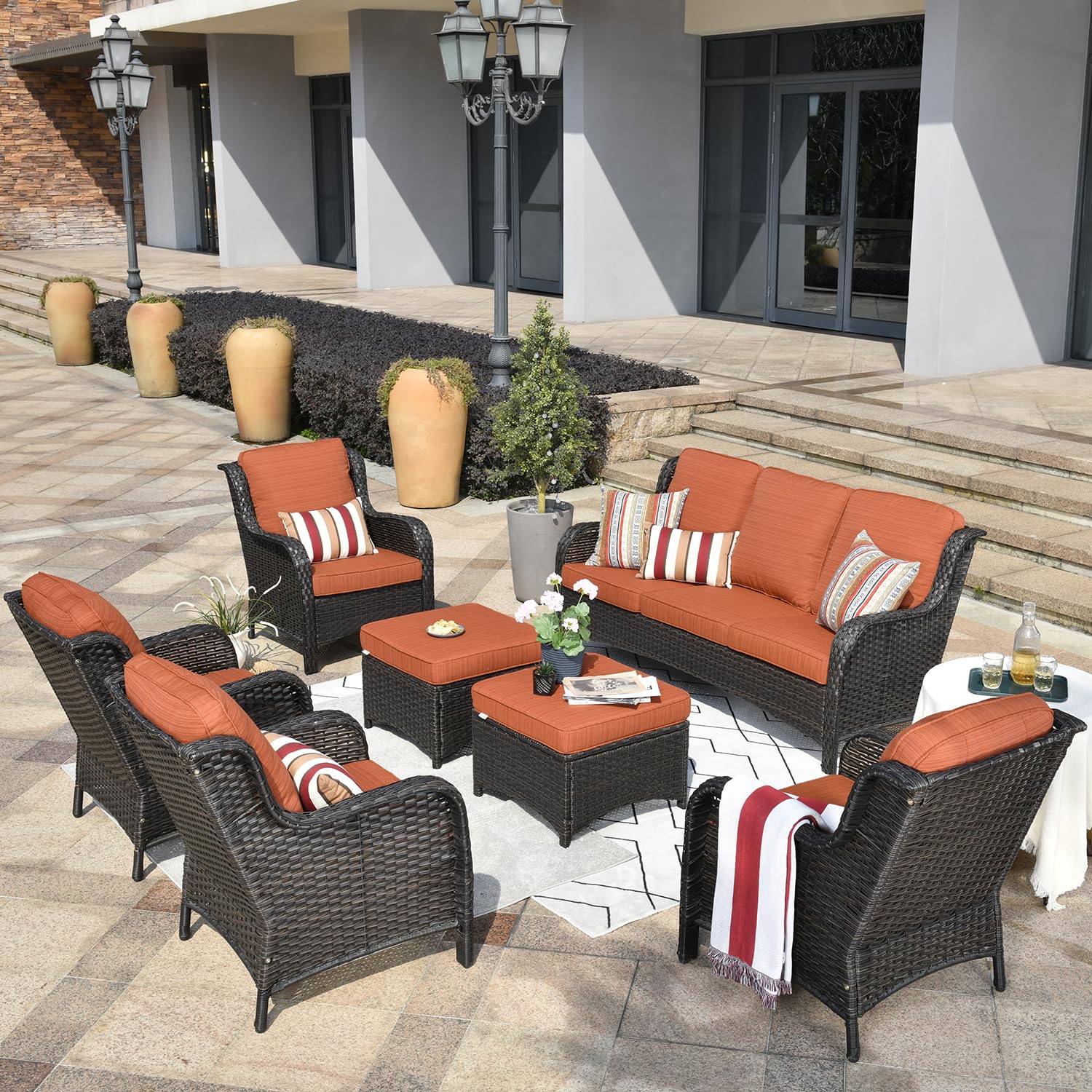 XIZZI Outdoor Furniture Patio Furniture Set 7 Pieces All Weather Wicker Patio Conversation with High Back Sofa Sectional and 2 Ottomans for Garden,Backyard and Deck,Brown Wicker Orange Red