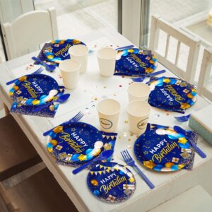 gisgfim 96 Pcs Blue and Gold Birthday Plates and Napkins Party Supplies Navy Blue Party Tableware Set Happy Birthday Decorations Favors for Men Women Birthday Baby Shower for 24 Guests