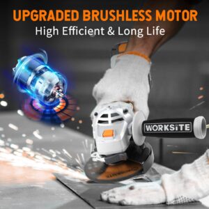 WORKSITE 20V Angle Grinder Cordless 4-1/2" Brushless Motor Angle Grinder Tool with 4.0 Ah Battery, 1-Hour Fast Charger and Adjustable Handle for Polishing, Grinding & Cutting