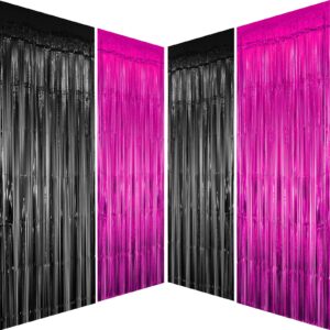 hot pink black party metallic tinsel foil fringe curtain - women girls birthday graduation wedding bridal shower bachelorette new years carnival party photo booth streamer backdrop decorations, 4pc