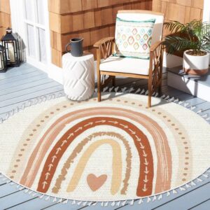 DNEWYNPABV Round Rugs Scandinavian Nursery Print for Playroom with Neutral Boho Area Rug Linen and Cotton Carpet Meditation Rug Washable Hallway Runner Mat Accent Rug for Bedroom Bathroom 4ft