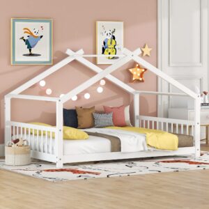 full house beds white montessori bed wood frame kids platform bed with headboard & footboard for children boys girls teens