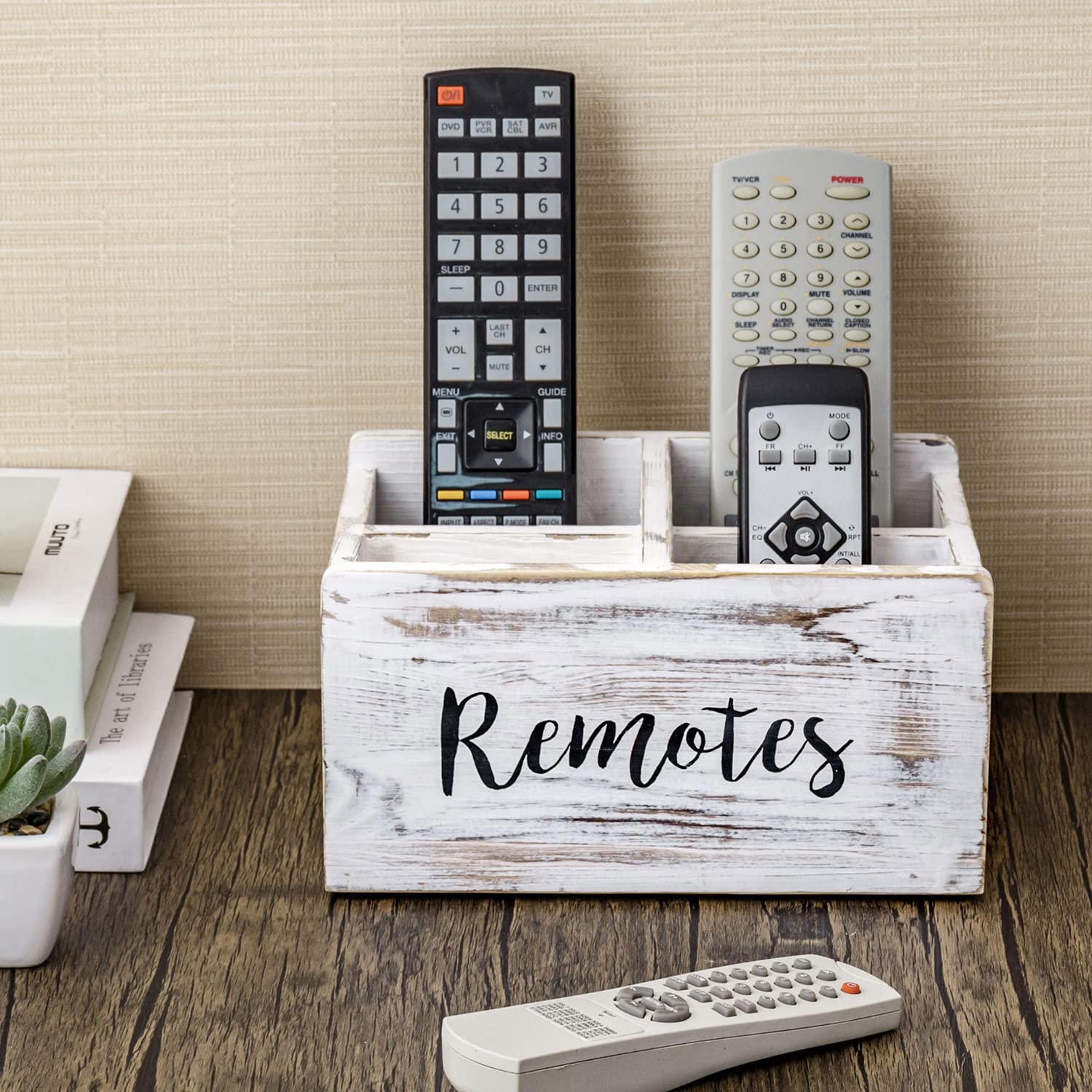 MyGift Whitewashed Wood Remote Control Holder Organizer with 4 Compartments, Media Storage Caddy with Cursive REMOTES Design