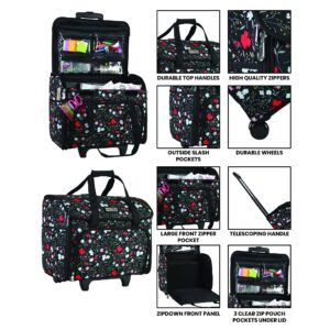 Everything Mary Craft Trolley Bag, Black Floral - Craft Organiser on Wheels for Sewing, Scrapbooking, Paper Craft, and Art - Storage Case for Supplies and Accessories