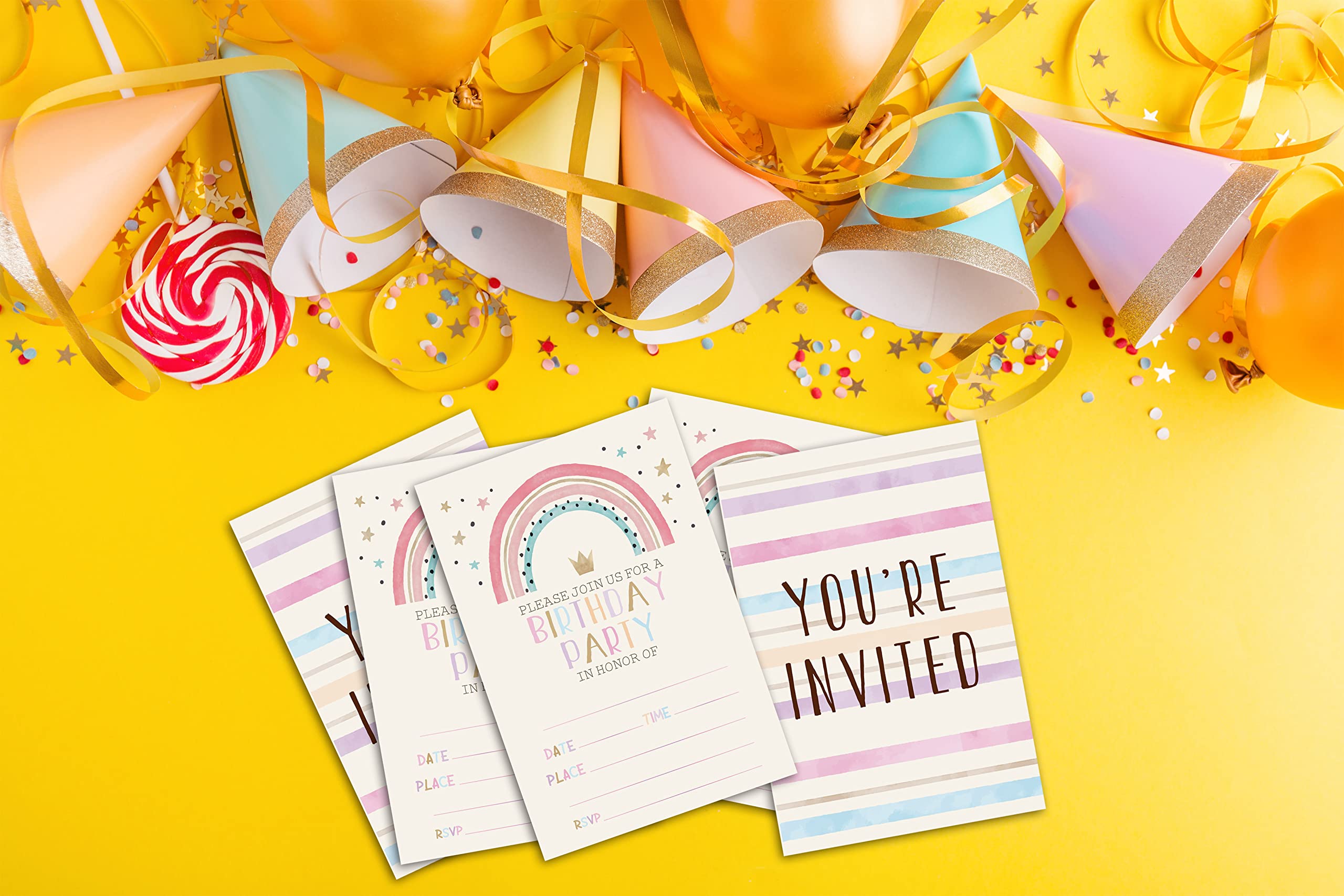 Disfuco Pink Rainbow Birthday Party Invitations - Boho Rainbow Party Supplies - Fill in The Blank Birthday Party Invites - 20 Invitation Cards With 20 Envelopes - (005A)