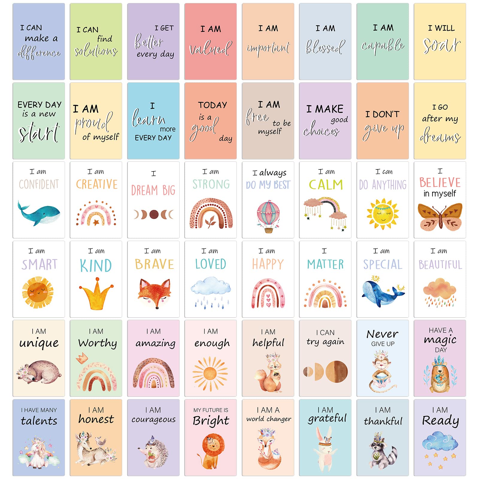 Leinuosen 48 Pcs Affirmation Cards Kids Daily Positive Affirmation Card Motivational Meditation Flash Cards Inspirational Quotes Cards with Encouragement for Christmas Kids Gifts(Boho Color)