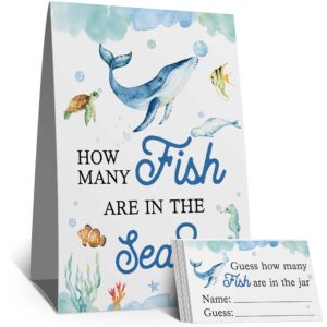 guess how many fish in the sea mermaid party game ,how many candy sharks game， watercolor ocean themed baby showers decorations game(1 sign+50 cards),bridal showers，birthday, funny party game