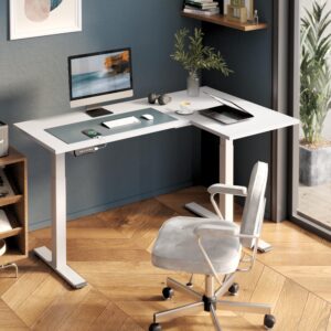 SANODESK 71-Inch Large Dual Motor L-Shaped Electric Height Adjustable Standing Desk - Reversible Panel - White Top/White Frame - Ideal for Gaming, Home Office or Computer Workstation