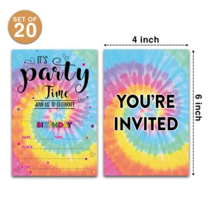 Disfuco Tie Dye Birthday Party Invitations - Tie Dye Party Supplies - Fill in The Blank Birthday Party Invites - 20 Invitation Cards With 20 Envelopes (007A)