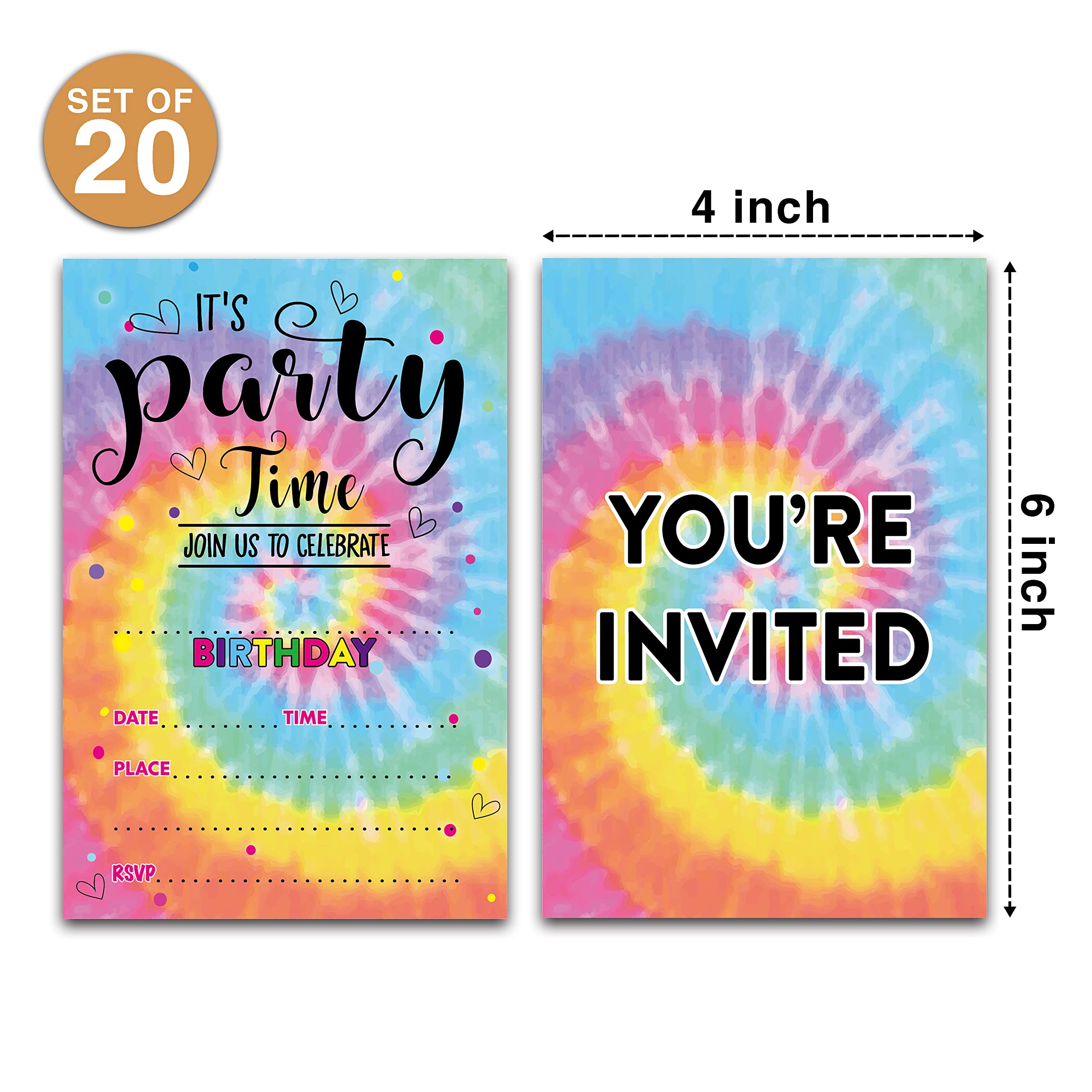 Disfuco Tie Dye Birthday Party Invitations - Tie Dye Party Supplies - Fill in The Blank Birthday Party Invites - 20 Invitation Cards With 20 Envelopes (007A)