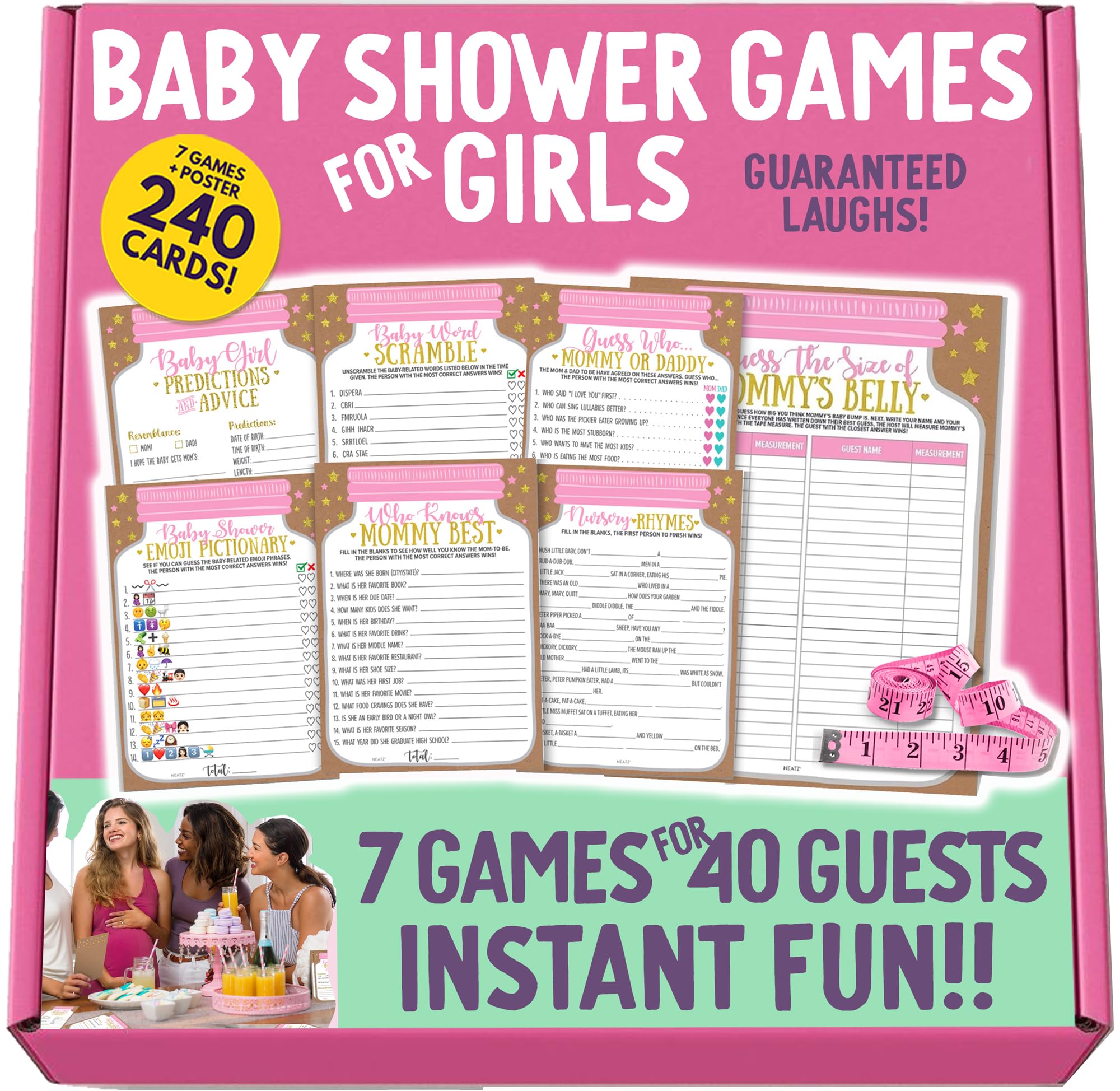 Neatz Baby Shower Games for Girl - Huge Set, 7 Games - Hilarious Baby Shower Games, Baby Prediction Cards, Mason Jar Baby Shower Decorations for Girl