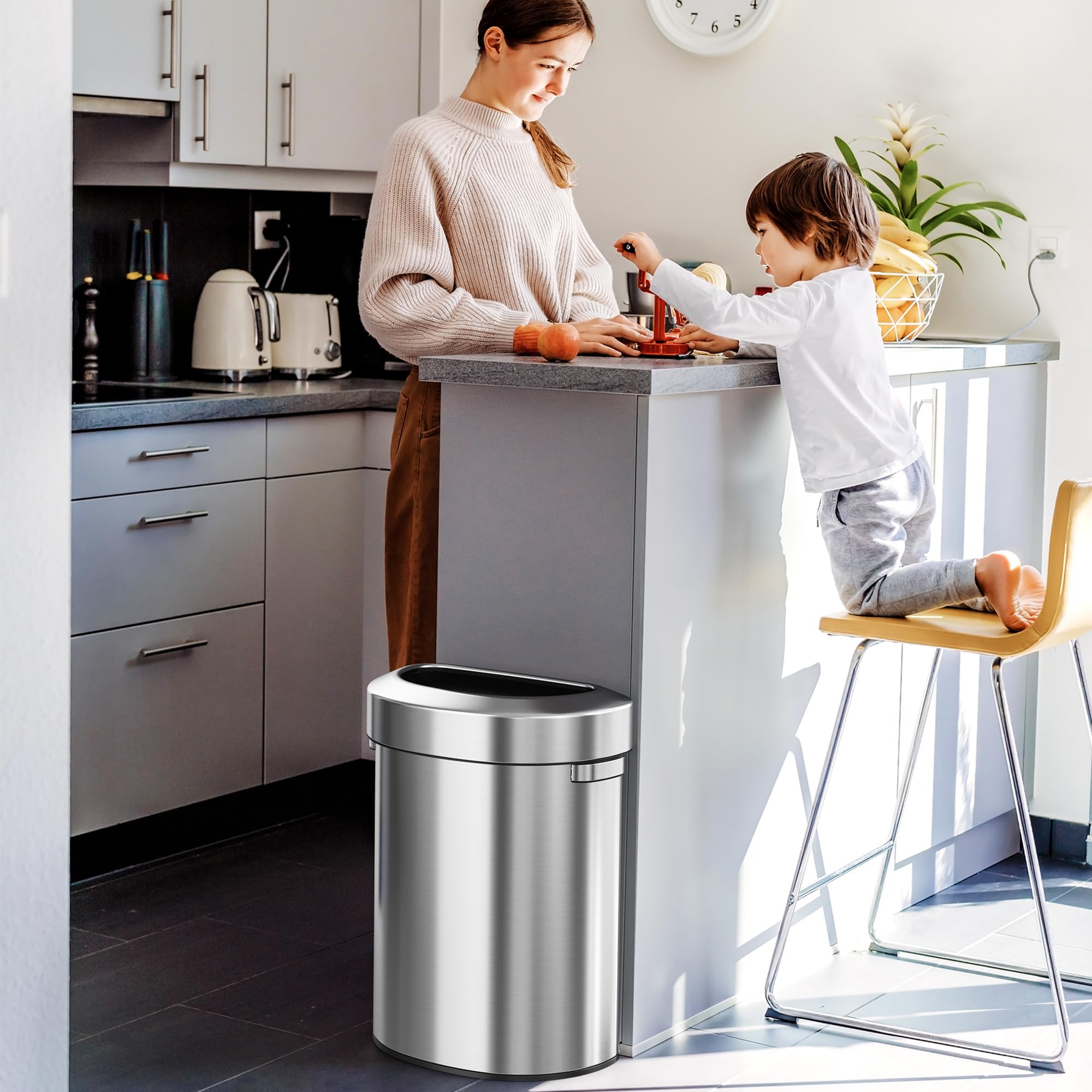 iTouchless 23 Gallon Stainless Steel Semi-Round Open Top Trash Can and Recycle Bin, 87 Liter, Slim and Space-Saving Design for Home, Office, Kitchen, Restaurant, Restroom, Large Capacity