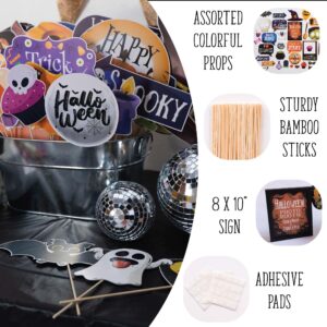 Halloween Photo Booth Props - 41-pc Photobooth Kit with 8 x 10-Inch Sign, 60 Adhesive Pads, and 45 Sticks - Halloween Photo Props - Halloween Selfie Props - Halloween Photo Booth Decorations