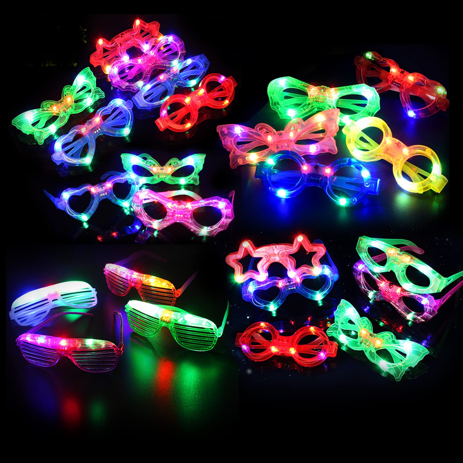 21 Pcs LED Glasses 7 shapes 6 LED Glow In The Dark Party Supplies Favor for Kids Adults shutter heart round star butterfly Glow Sticks Light Up Glasses fit Birthday Halloween Christmas Valentine's Day