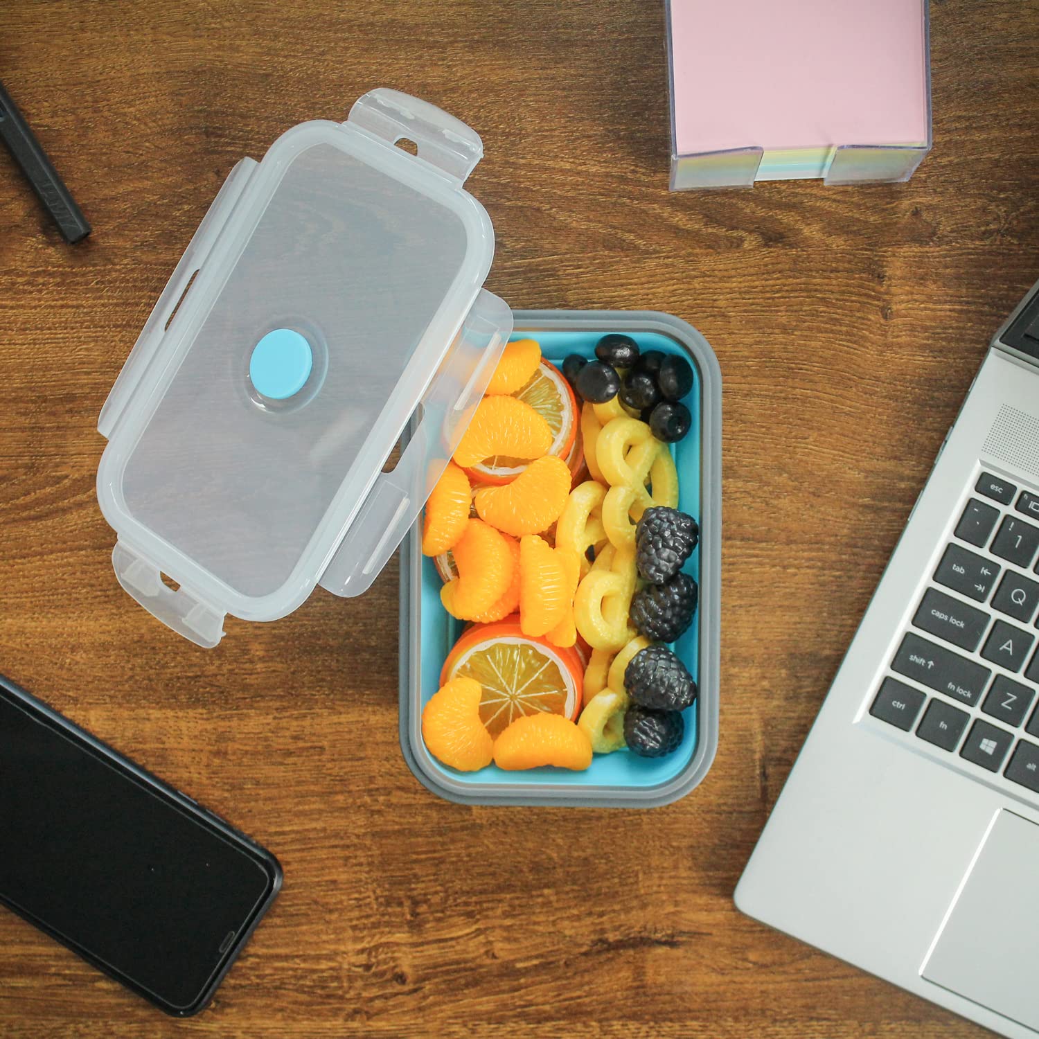 Annaklin Collapsible Food Storage Containers with Airtight Lid & Vent Valve, 27 oz, Kitchen Stacking Silicone Collapsible Meal Prep Container Set for Leftover, Microwave Freezer Safe, Blue, Set of 4