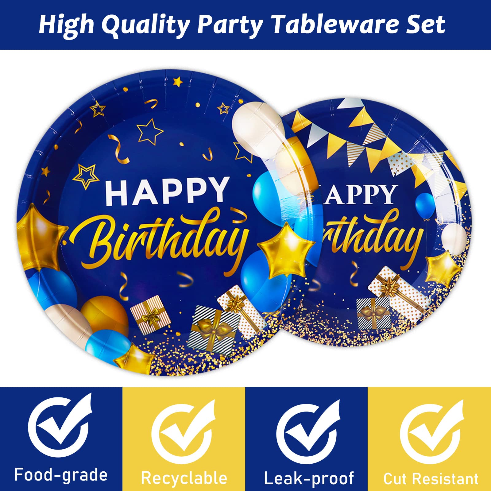 gisgfim 96 Pcs Blue and Gold Birthday Plates and Napkins Party Supplies Navy Blue Party Tableware Set Happy Birthday Decorations Favors for Men Women Birthday Baby Shower for 24 Guests