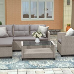 Merax 4 Piece Outdoor Patio Furniture Sets Conversation Set Wicker Ratten Sectional Sofa with Seat Cushions