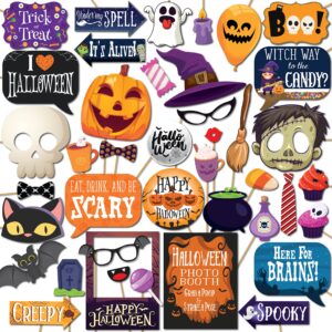 halloween photo booth props - 41-pc photobooth kit with 8 x 10-inch sign, 60 adhesive pads, and 45 sticks - halloween photo props - halloween selfie props - halloween photo booth decorations