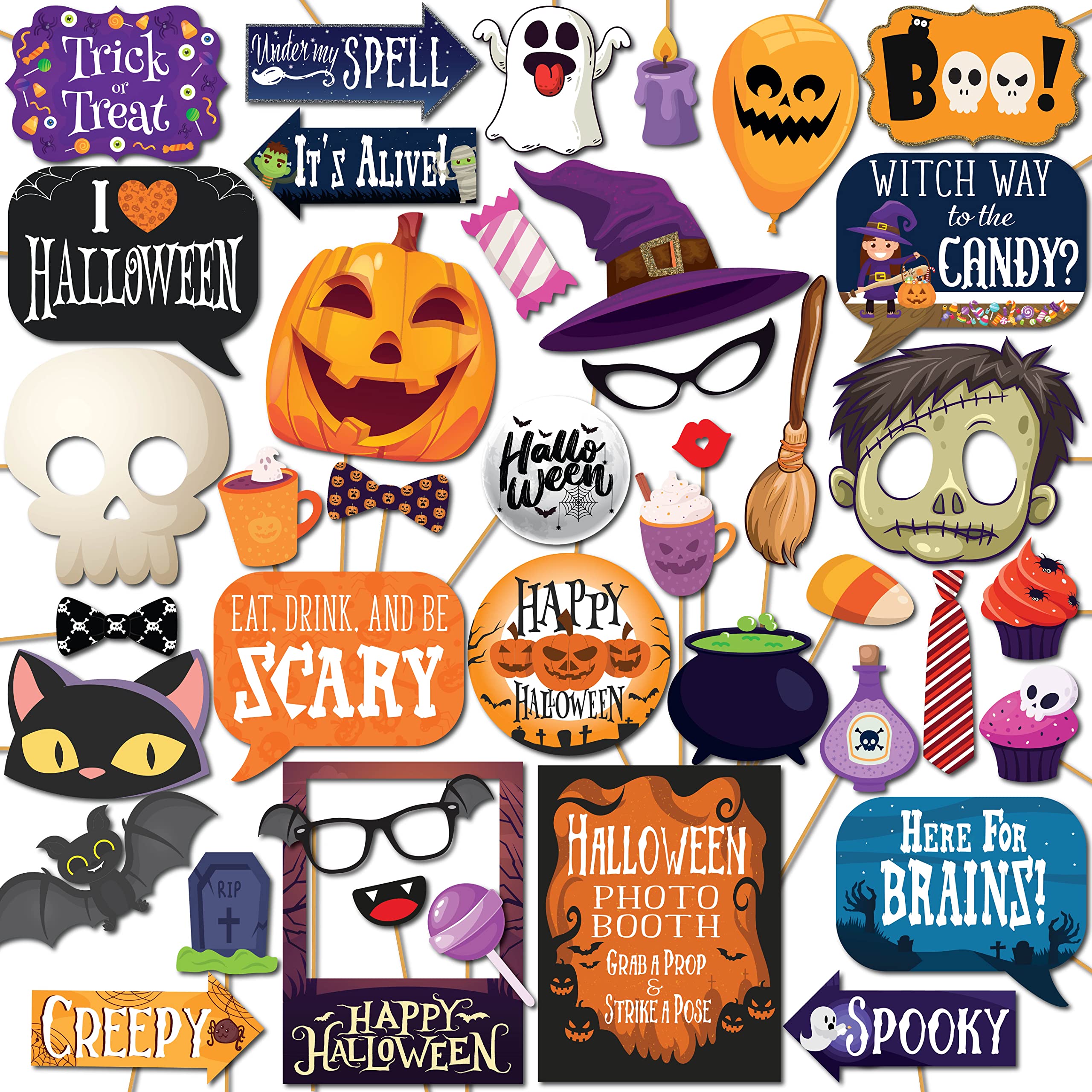 Halloween Photo Booth Props - 41-pc Photobooth Kit with 8 x 10-Inch Sign, 60 Adhesive Pads, and 45 Sticks - Halloween Photo Props - Halloween Selfie Props - Halloween Photo Booth Decorations