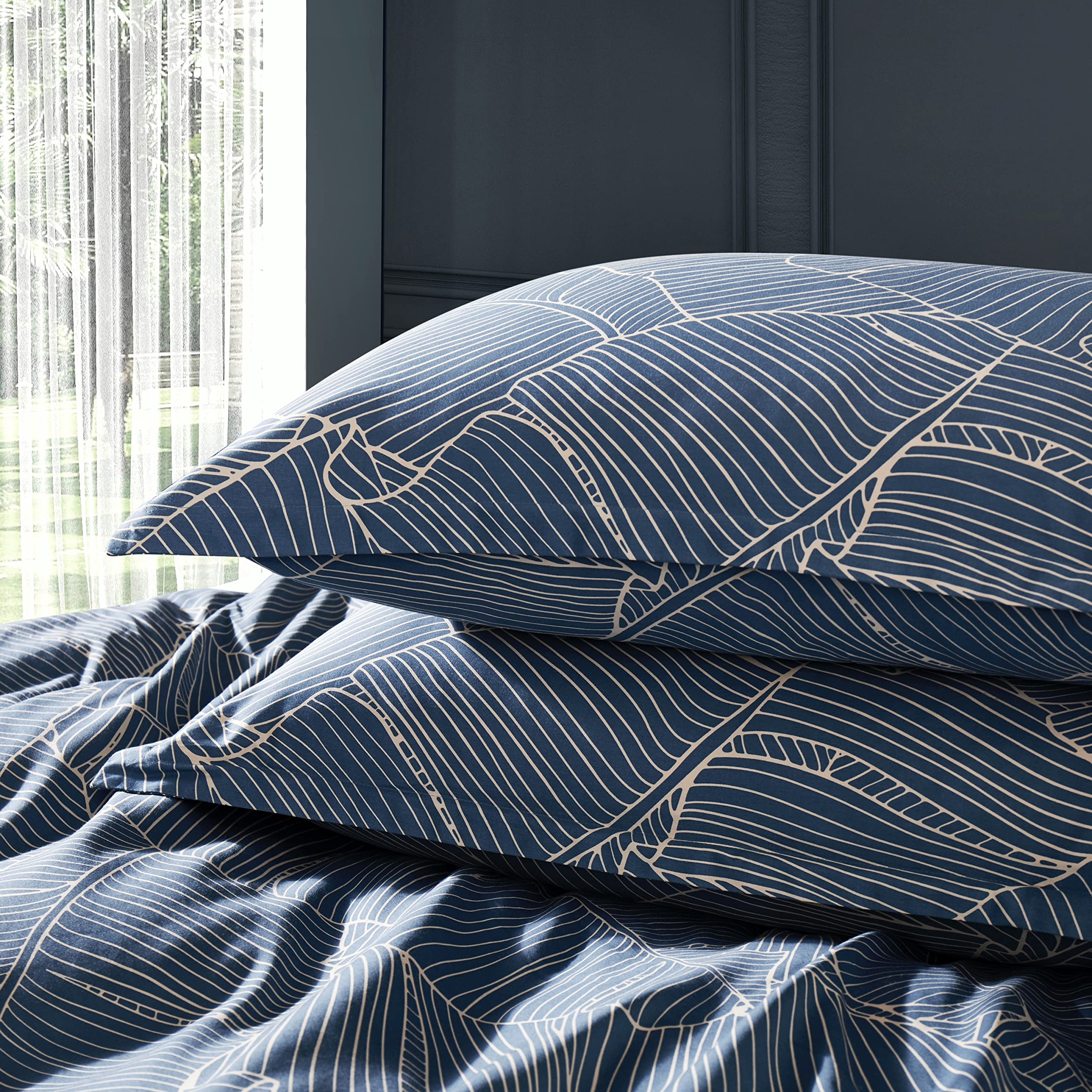 Get Bed Ready Unique Mid-Century Modern Boho Chic Vintage Retro Mod Print Bedding Egyptian Cotton Duvet Cover Set Minimalist Chic Botanical Design Asian Zen Style Pattern (King, Dusky Blue)