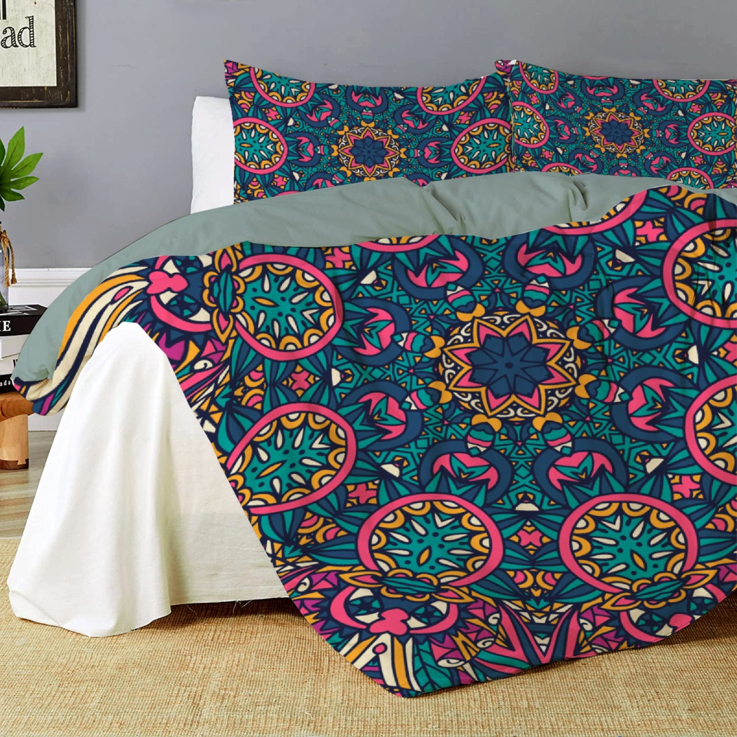 Thuswarm Abstract Boho Festive Mandala 3-Piece Bedding Set 104"x90" King Size 1 Quilt Cover + 2 Pillow Cases with Invisible Zipper Ultra Soft Microfiber Comforter Cover Sets for Home