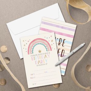 Disfuco Pink Rainbow Birthday Party Invitations - Boho Rainbow Party Supplies - Fill in The Blank Birthday Party Invites - 20 Invitation Cards With 20 Envelopes - (005A)