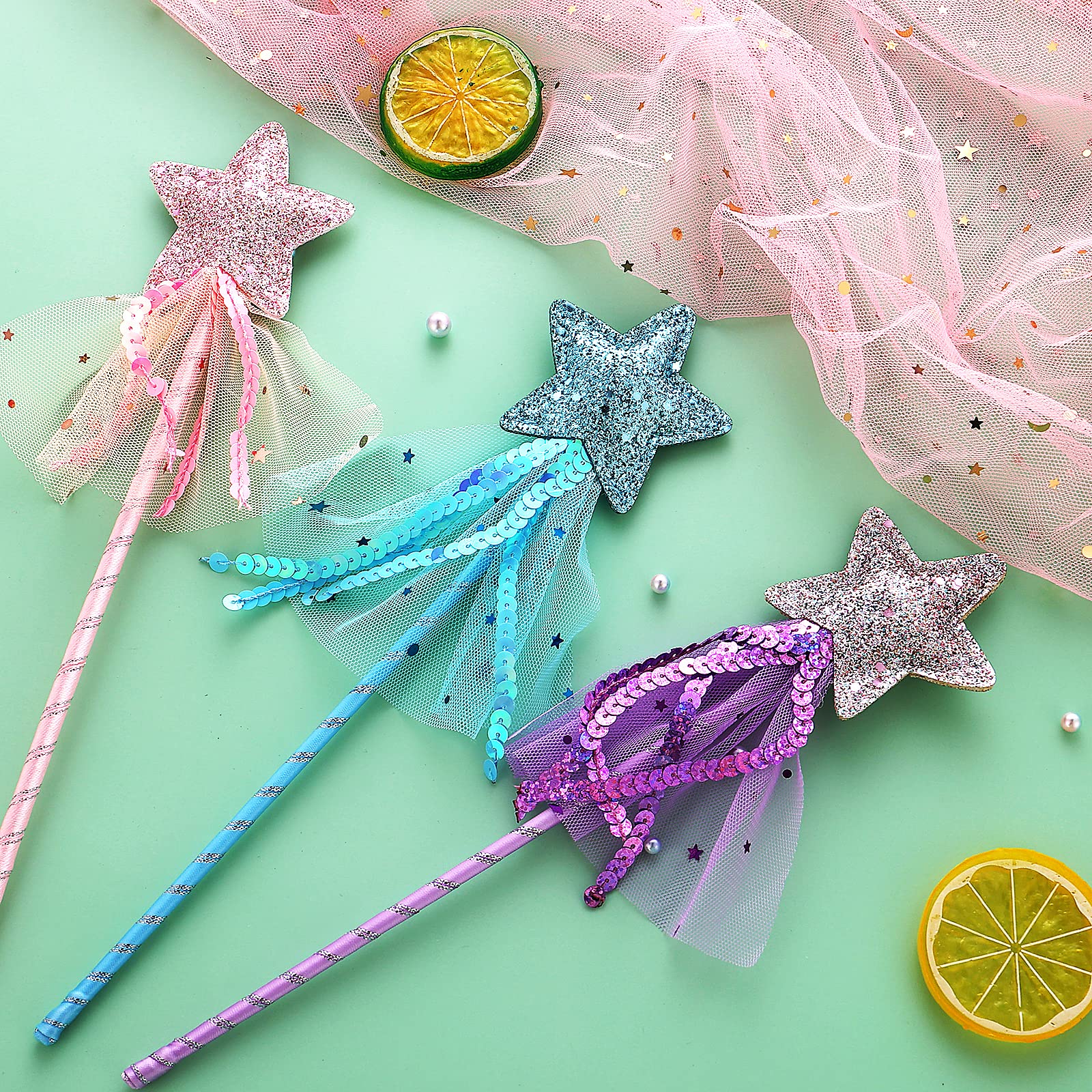 Prasacco 3 PCS Fairy Wands Glitter Princess Wands Star Wands Fairy Stick for Christmas Costume Prop Birthday Party Supply Cosplay Accessories