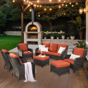 XIZZI Outdoor Furniture Patio Furniture Set 7 Pieces All Weather Wicker Patio Conversation with High Back Sofa Sectional and 2 Ottomans for Garden,Backyard and Deck,Brown Wicker Orange Red