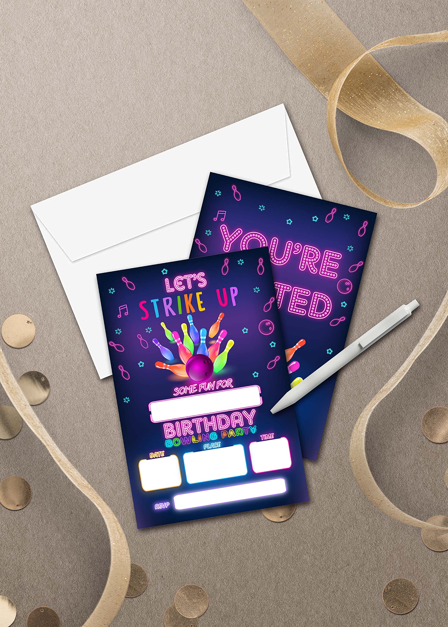 Let's Strike Up Bowling Birthday Party Invitations - Bowling Party Supplies - Fill in The Blank Birthday Party Invites - 20 Invitation Cards With 20 Envelopes - (006A)