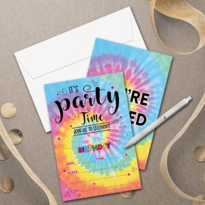 Disfuco Tie Dye Birthday Party Invitations - Tie Dye Party Supplies - Fill in The Blank Birthday Party Invites - 20 Invitation Cards With 20 Envelopes (007A)