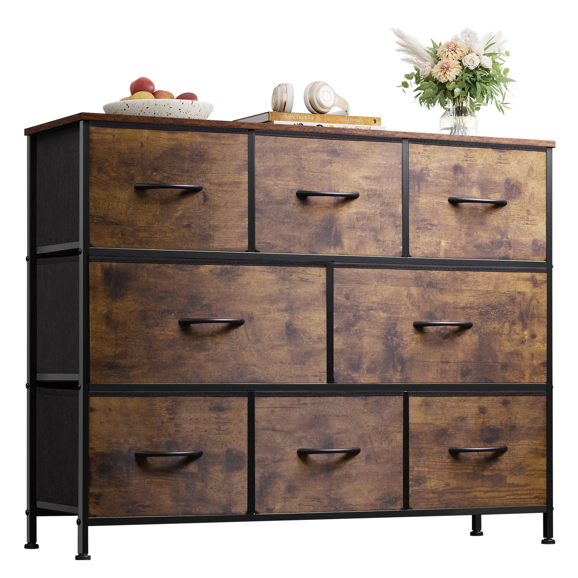 WLIVE 8 Drawer Dresser for Bedroom, Fabric Dresser with Large Storage Drawer Unit for Entryway, Chest of Drawers for Living Room, Rustic Brown