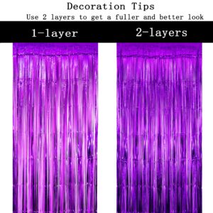 Black Purple Metallic Tinsel Foil Fringe Curtain - Video Game Birthday Baby Shower Graduation Halloween Retirement Bachelorette Wedding Anniversary Carnival Party Photo Booth Backdrop Decoration, 4pc