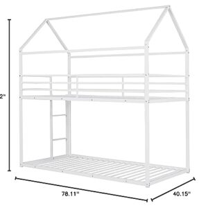 Merax Twin Over Twin House Bunk Bed, Metal Bed Frame Bunk Beds with Roof and Built-in Ladder, No Box Spring Needed, White