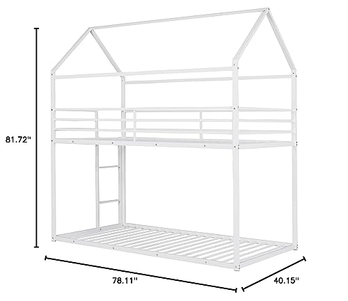 Merax Twin Over Twin House Bunk Bed, Metal Bed Frame Bunk Beds with Roof and Built-in Ladder, No Box Spring Needed, White