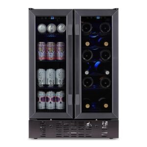 NewAir 24” Wine and Beverage Refrigerator and Cooler, 18 Bottle and 60 Can Capacity, Built-in Dual Zone Fridge in Black Stainless Steel with French Doors