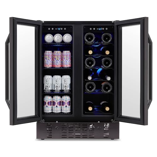 NewAir 24” Wine and Beverage Refrigerator and Cooler, 18 Bottle and 60 Can Capacity, Built-in Dual Zone Fridge in Black Stainless Steel with French Doors