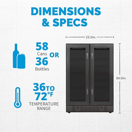 NewAir 24” Wine and Beverage Refrigerator and Cooler, 18 Bottle and 60 Can Capacity, Built-in Dual Zone Fridge in Black Stainless Steel with French Doors