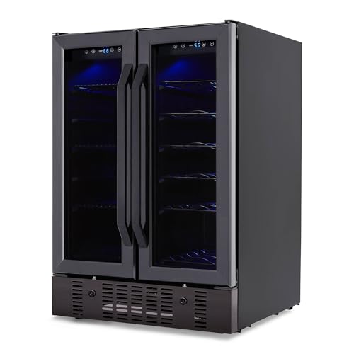 NewAir 24” Wine and Beverage Refrigerator and Cooler, 18 Bottle and 60 Can Capacity, Built-in Dual Zone Fridge in Black Stainless Steel with French Doors